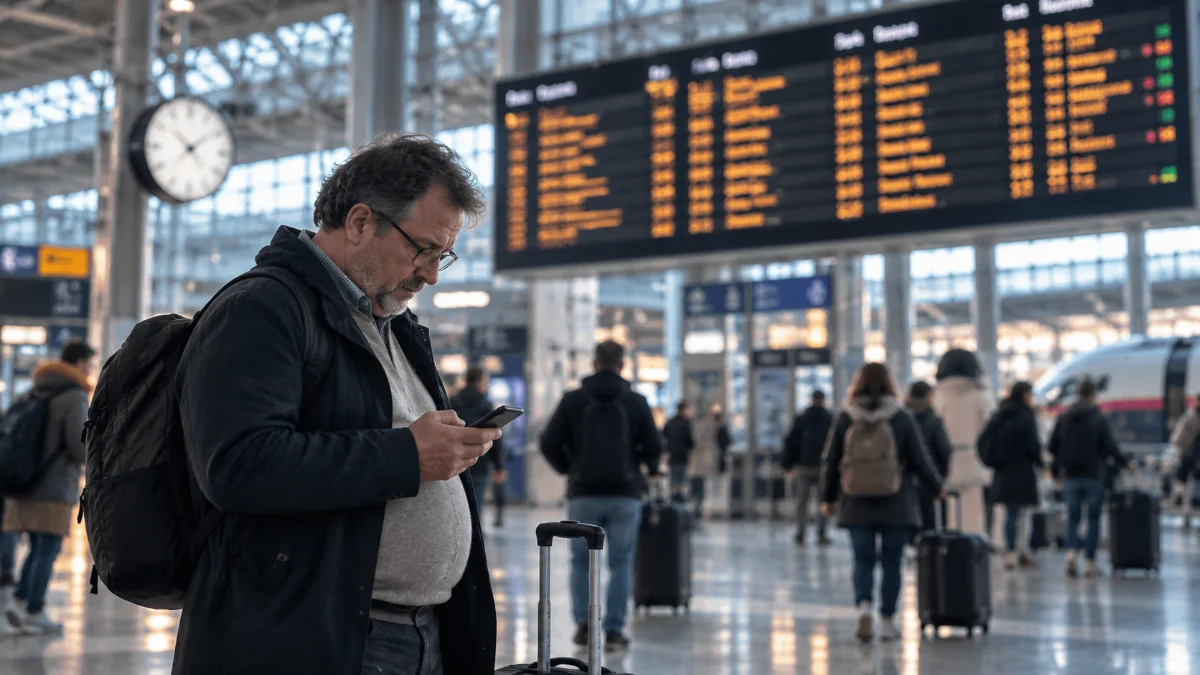 Un voyageur regarde son téléphone dans un hall de gare