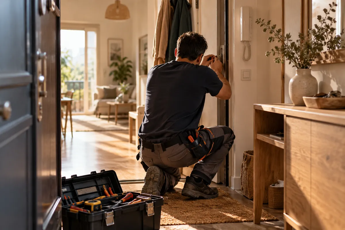 Un artisan mesure un mur dans une cuisine en travaux