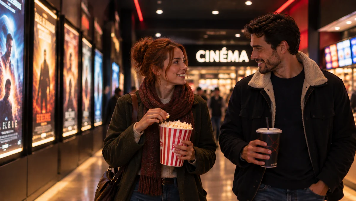 Un couple dans le hall d’un cinéma