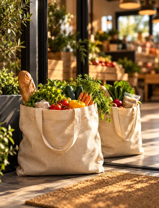 Des sacs de courses en tissu remplis de produits frais