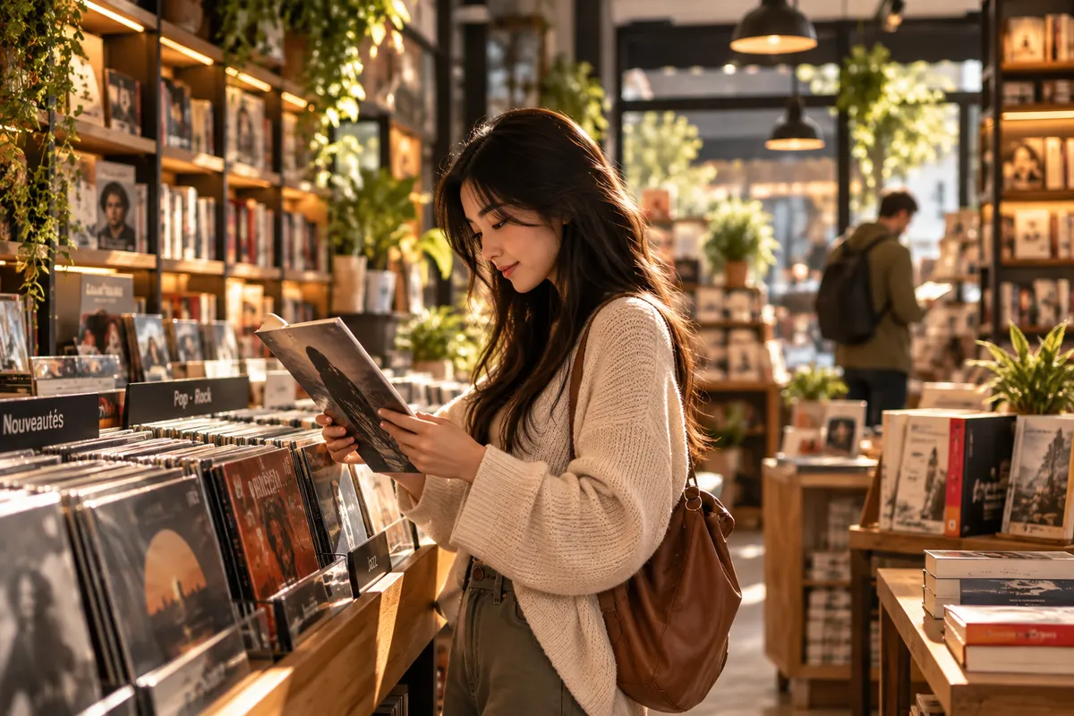 Une personne feuillette des disques dans une allée de magasin culturel