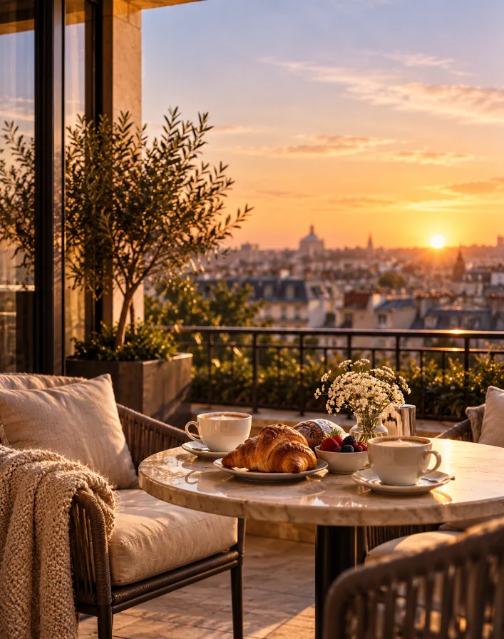 Un petit-déjeuner sur la terrasse d’un hôtel au lever du jour