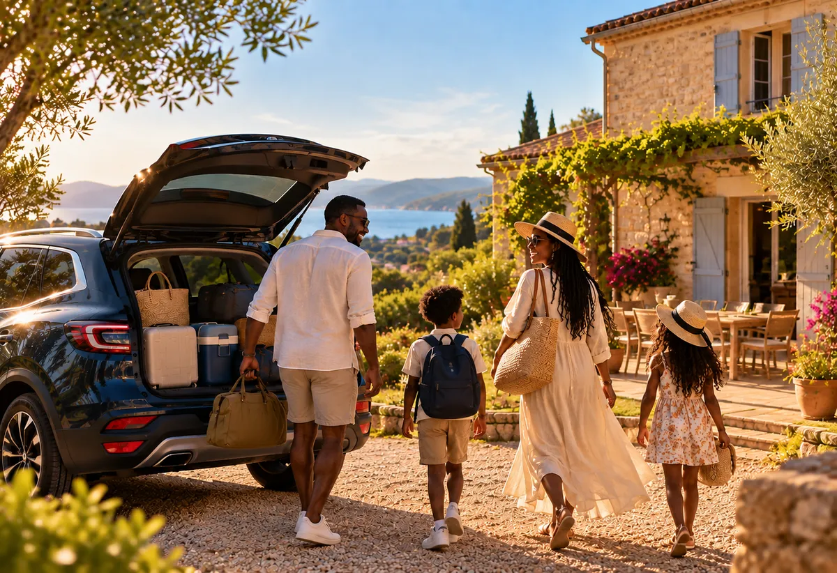 Une famille décharge une voiture devant une maison de vacances