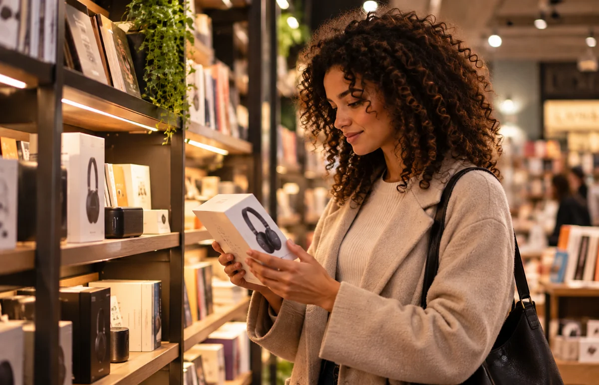 Une cliente examine un article dans le rayon d’une grande enseigne