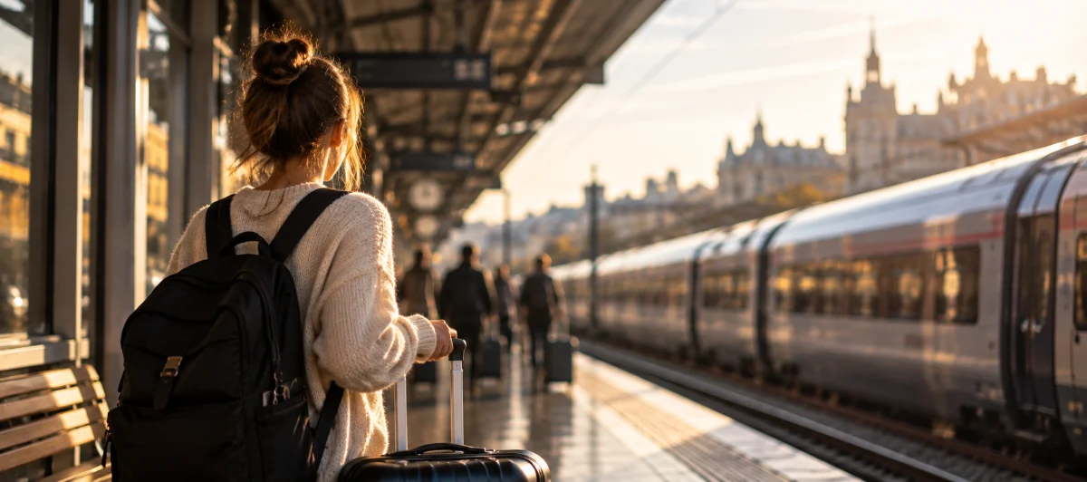 Une voyageuse de dos avec une valise cabine sur un quai de gare au petit matin