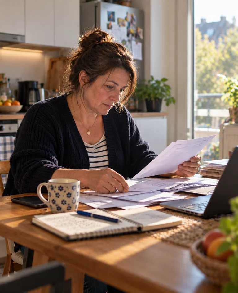 Des mains trient du courrier sur une table de cuisine, le matin