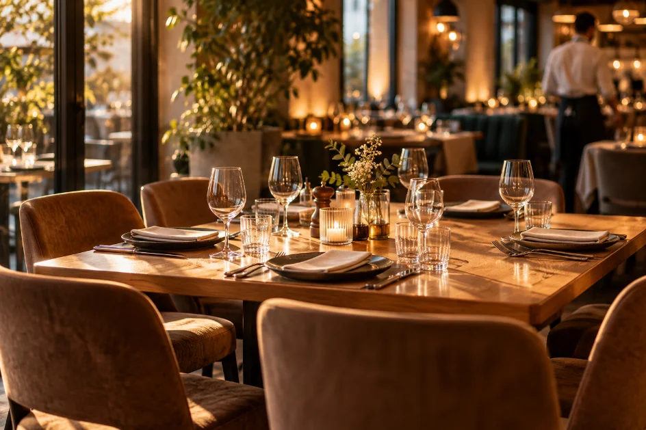Une table de restaurant en fin de service, sous une lumière tamisée